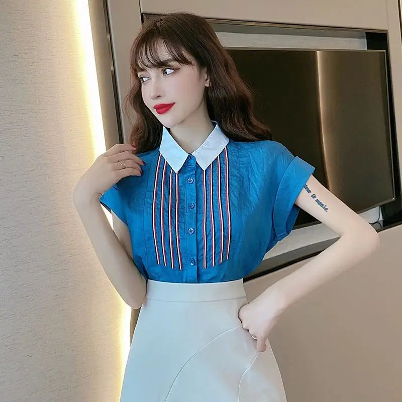 Chiffon Base Shirt for Women in Spring and Summer New Commuting Simple Short-sleeved Striped T-shirt Versatile Lined Thin Top