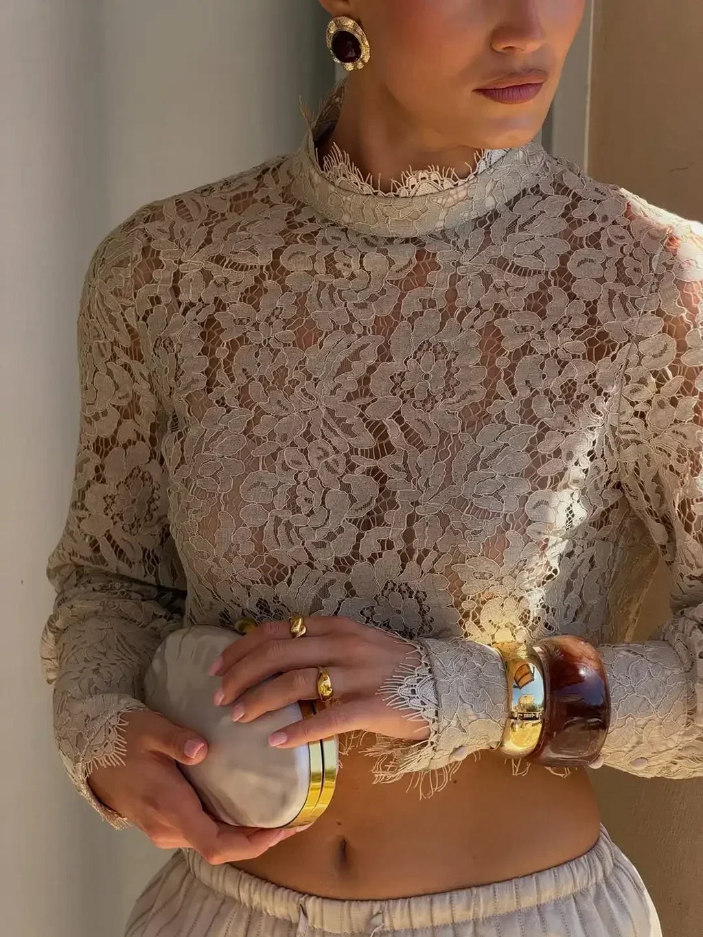 Lace Top Pants 2 Piece Set Women Chic Solid Half High Collar Cropped Back Split Long Pant Suit 2026 Lady Daily Street Outfit New