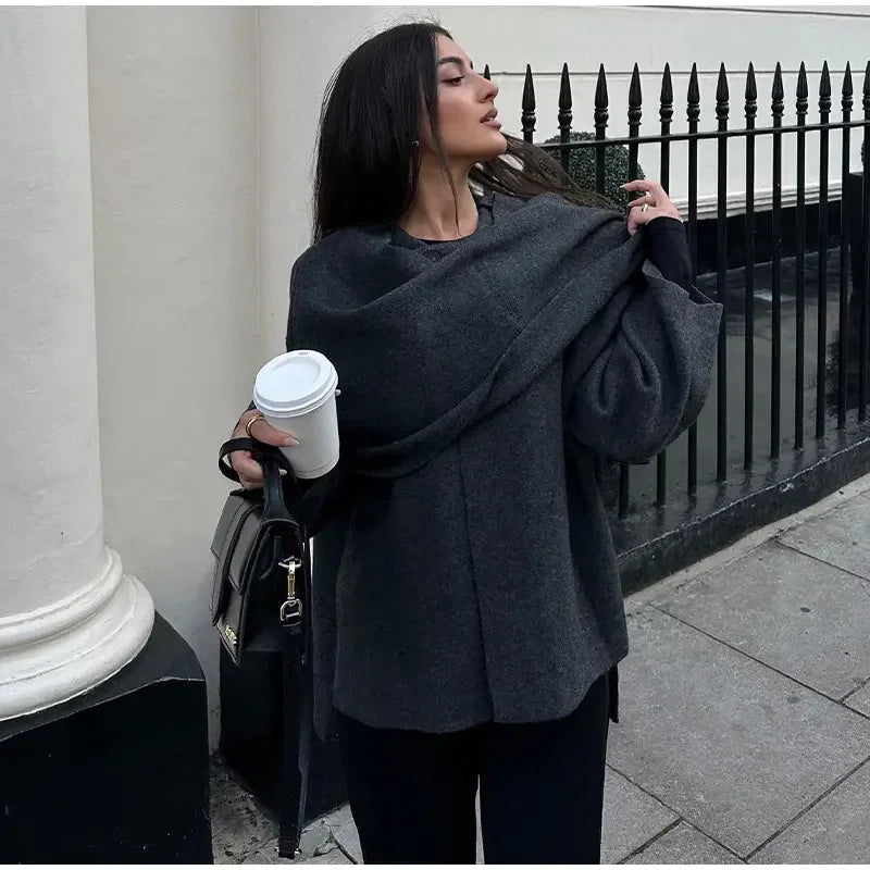 Autumn Short Gray Knitted Cloak Jacket Ladies with Scarf Women Fashion Long Sleeve Loose Cardigan Female Winter Elegant Chic New