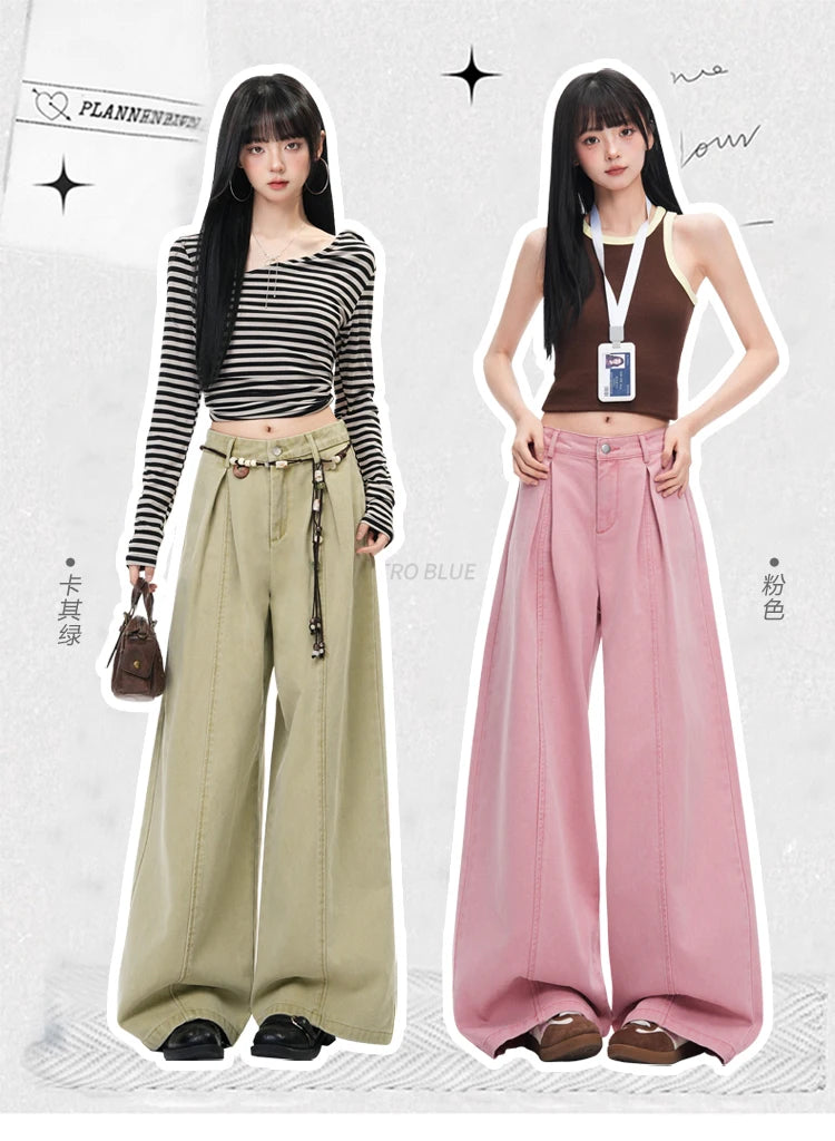 Women's Pink Folds Wide Leg Jeans 2026 Korean Fashion New High Waist Loose Casual Denim Trousers Streetwear Y2k