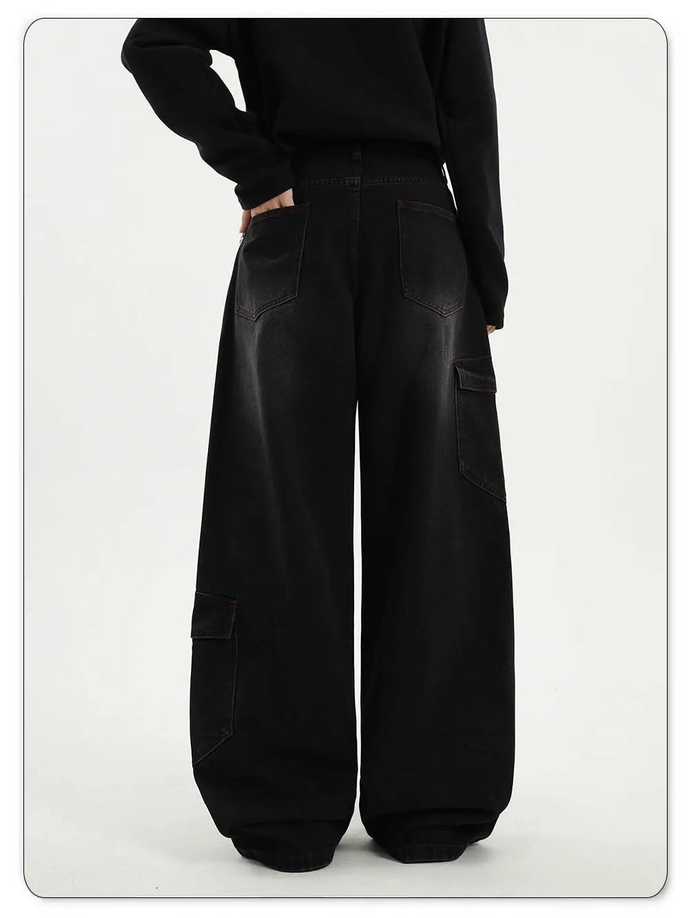 American Street Retro Bright Thread Deconstruction Loose Wide Leg Jeans Unisex  Baggy Men's Clothes Multi Pocket Workwear Jeans