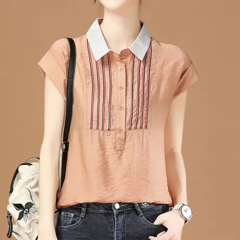 Chiffon Base Shirt for Women in Spring and Summer New Commuting Simple Short-sleeved Striped T-shirt Versatile Lined Thin Top