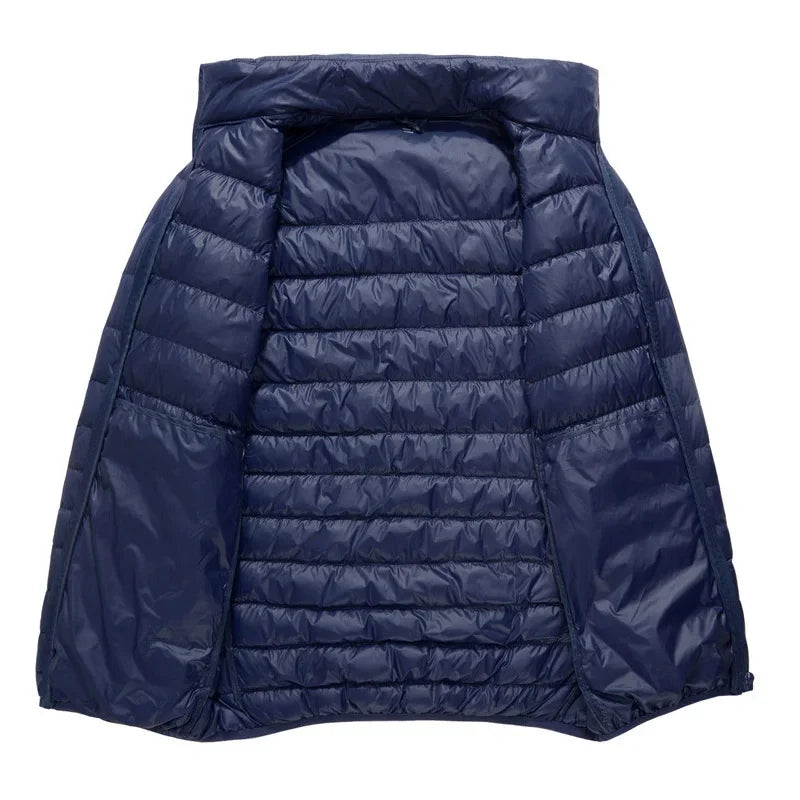 Schinteon Men Ultralight White Duck Down Jacket Thin Stand Collar Solid Color Simple Autumn Outwear