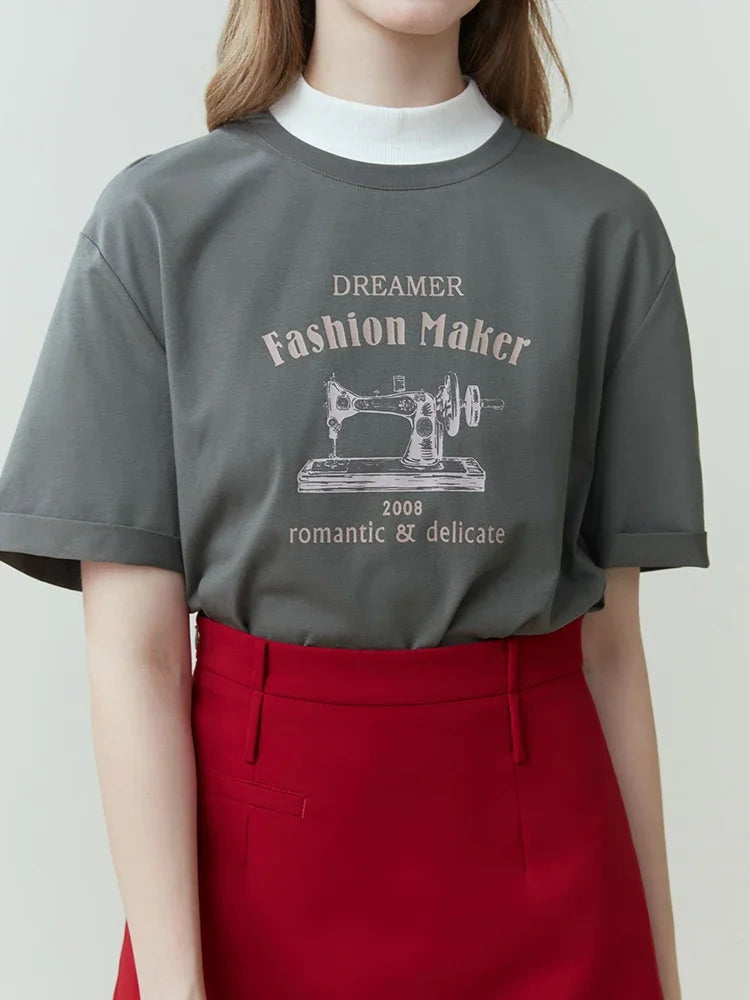 FSLE Women Cotton T-shirt Simple Print Design Dropped Shoulder Round Neck Women Solid Tees 2023 Spring Commuter Casual Tops