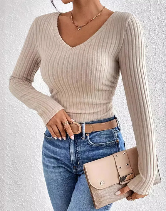 Knitted Top Women Pullover Knitting T Shirt V Neck Jumper Sweater Autumn Winter 2025 Casual Tops Basic Knitwear Office Lady