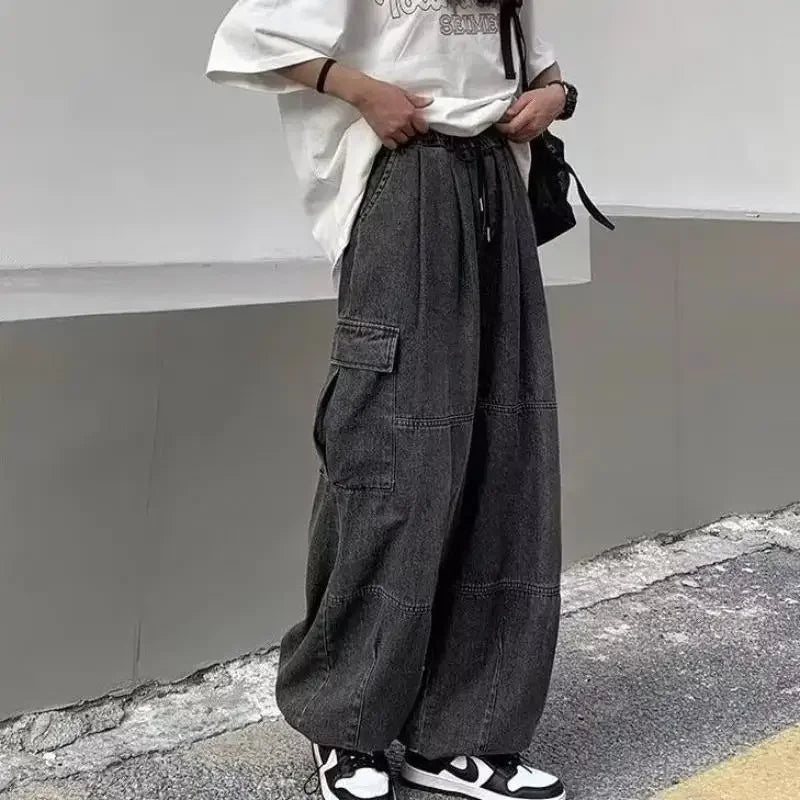 Baggy Jeans Women Oversized Vintage Denim Pants Men Retro Harajuku Wide Leg Jeans Casual Loose Elastic Waist Streetwear Trousers