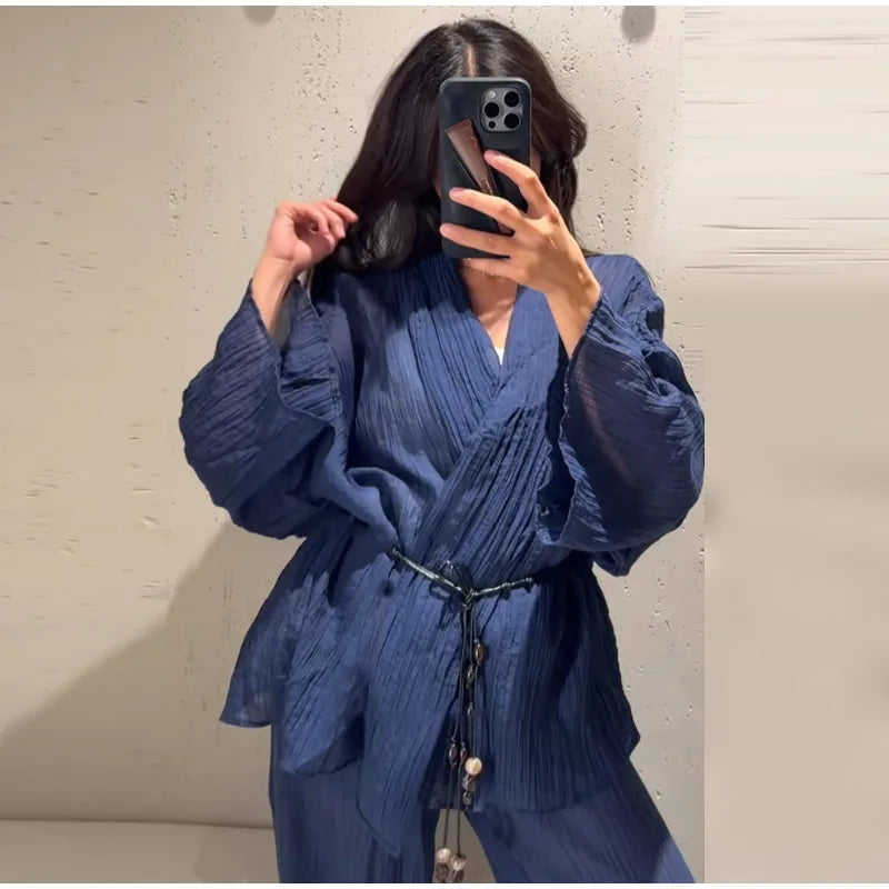 Tie Front Textured Women Set V-Neck Loose Set Wide Sleeve Drawstring Pants Casual Lounge Solid Color 2 Piece Outfits For Daily