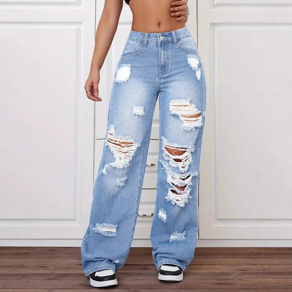Distressed Washed High Waist Straight Leg Versatile Loose Fit Denim Pants for Women