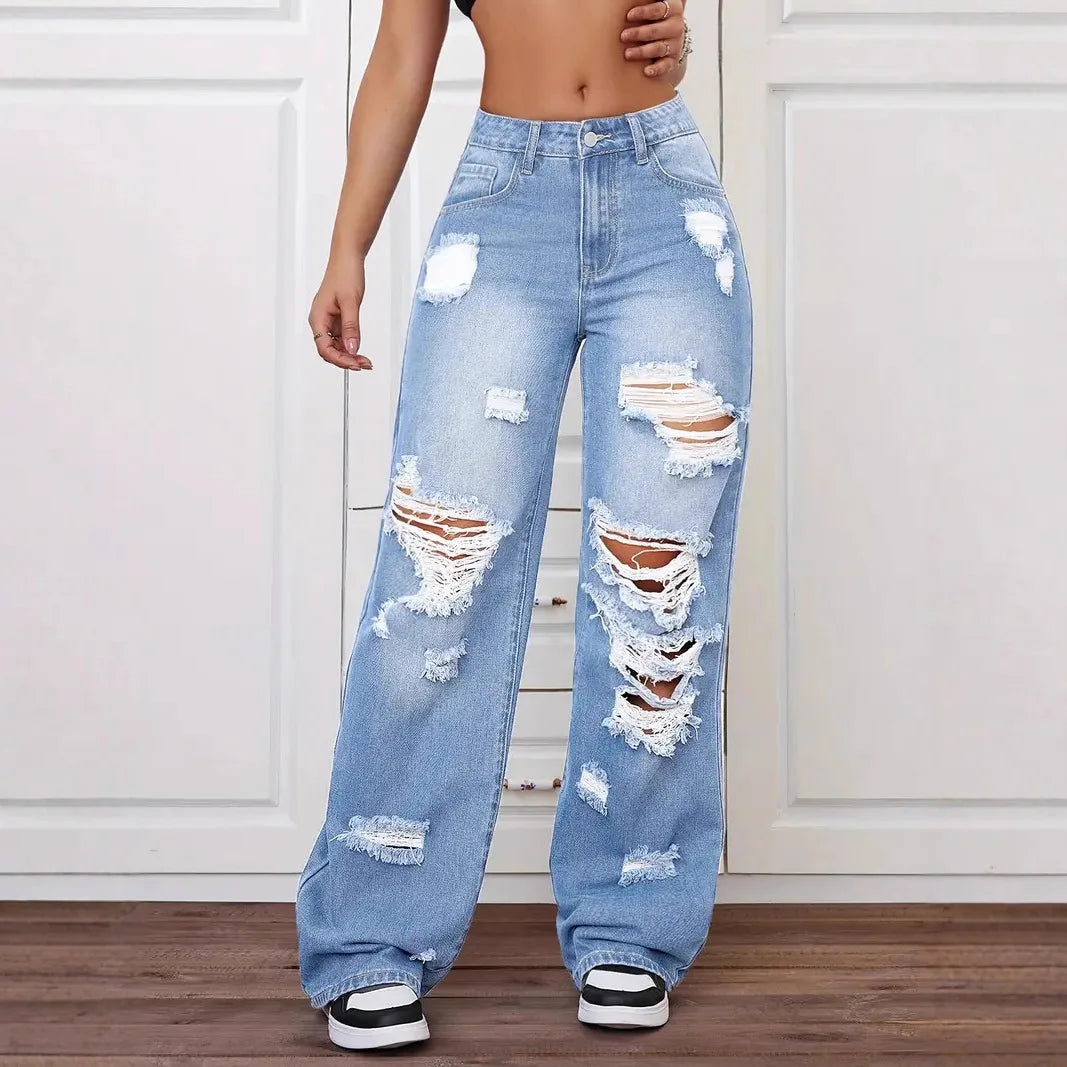 Distressed Washed High Waist Straight Leg Versatile Loose Fit Denim Pants for Women