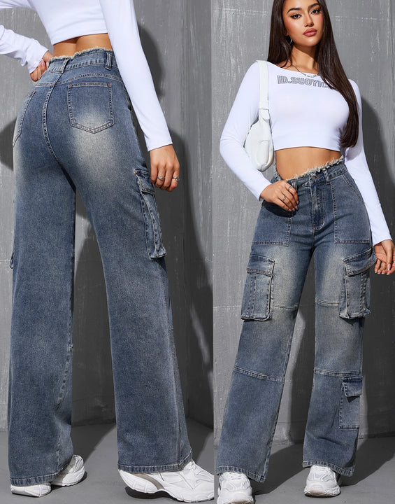 2025 Autumn/Winter Women's Denim Pants, Side-Pocket Design with Multiple Pockets, Original Denim Fabric Patchwork, Original Flan