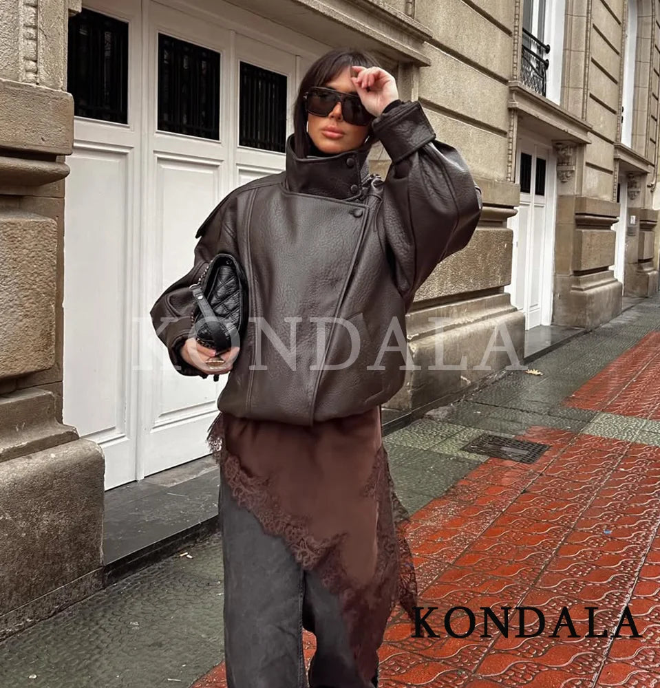 Women 2025 Fall Winter Leather Standing Collar Jacket Faux PU Zipper Pilot Jacket Coat Casual Fashion Outwear Ladies Jacket
