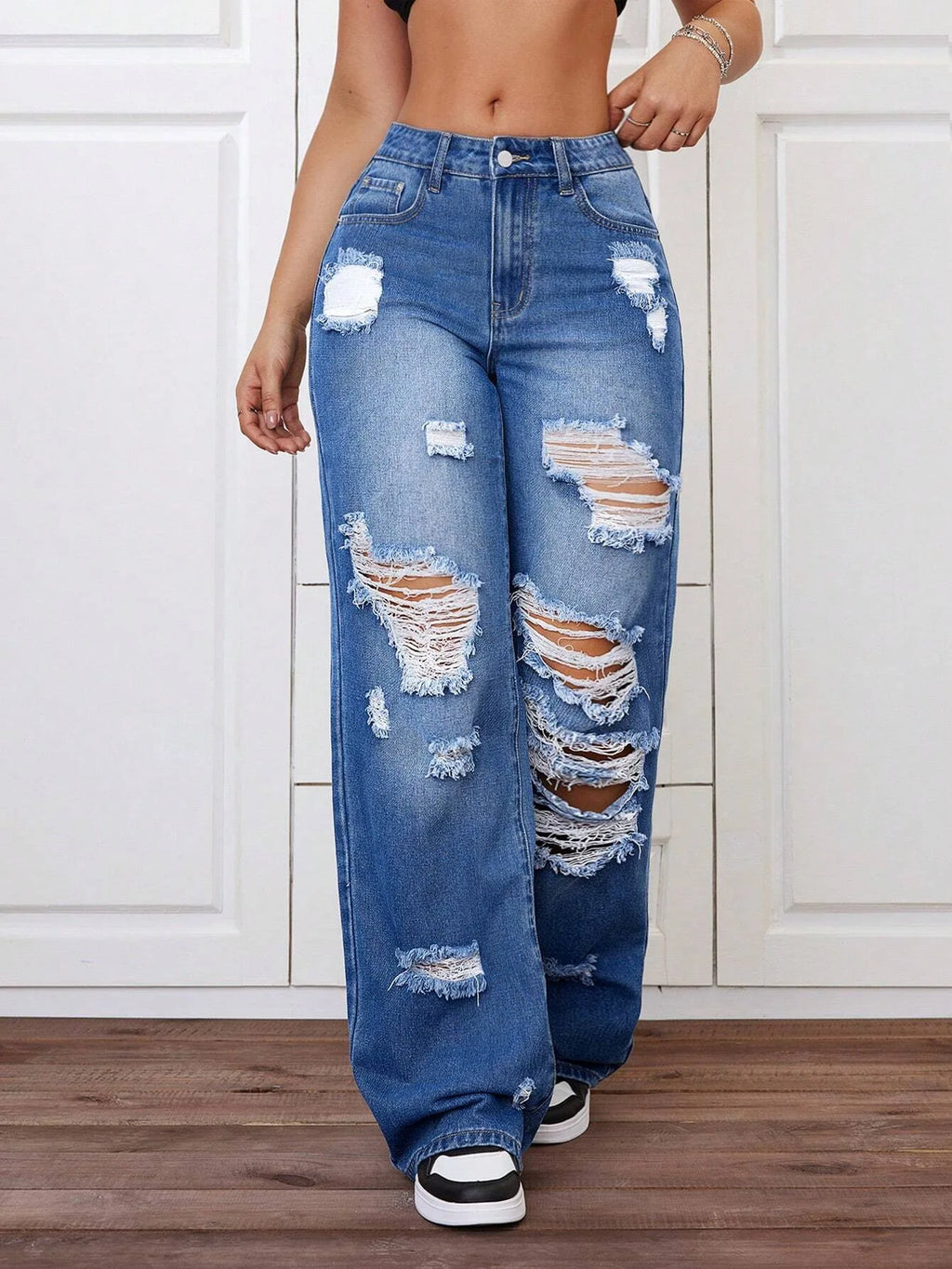 ANJY Spring Autumn New Women Washed Vintage Ripped Design High Street Jeans Trendy Fashion Straight Versatile Denim Pants A23084