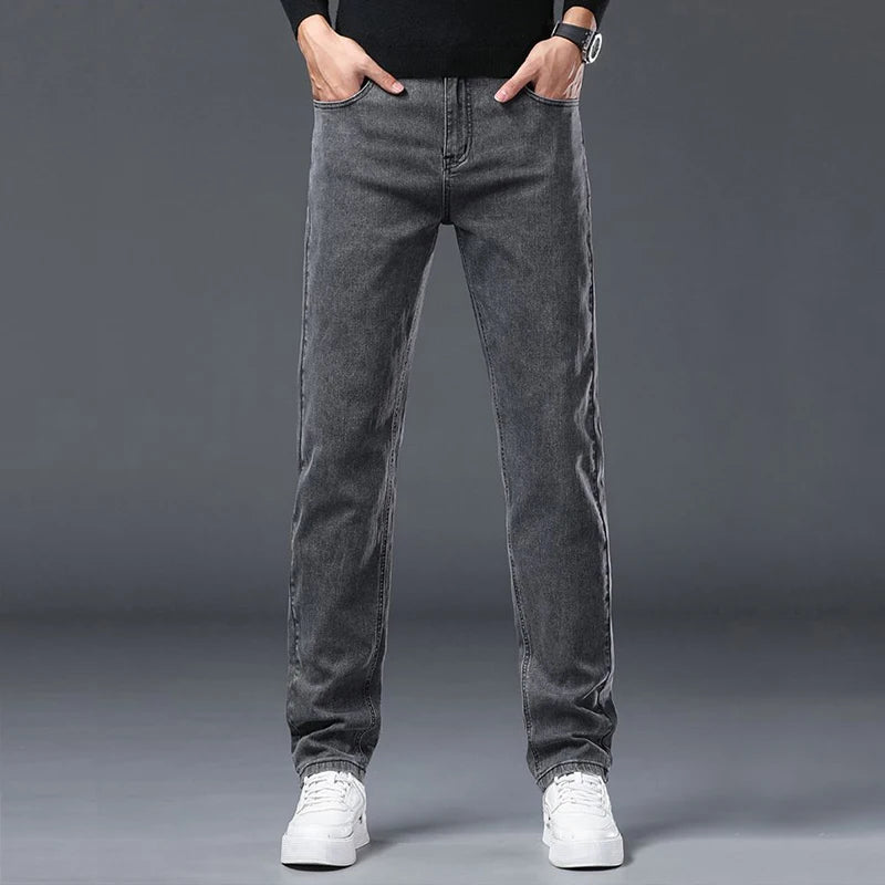 Spring New Men's Slim Fit Elastic Jeans Fashion Gray Comfortable Casual Denim Pants Korean Business Work Straight Black Trousers