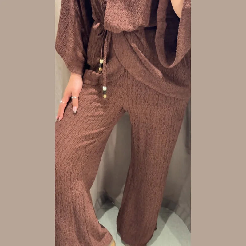 Tie Front Textured Women Set V-Neck Loose Set Wide Sleeve Drawstring Pants Casual Lounge Solid Color 2 Piece Outfits For Daily