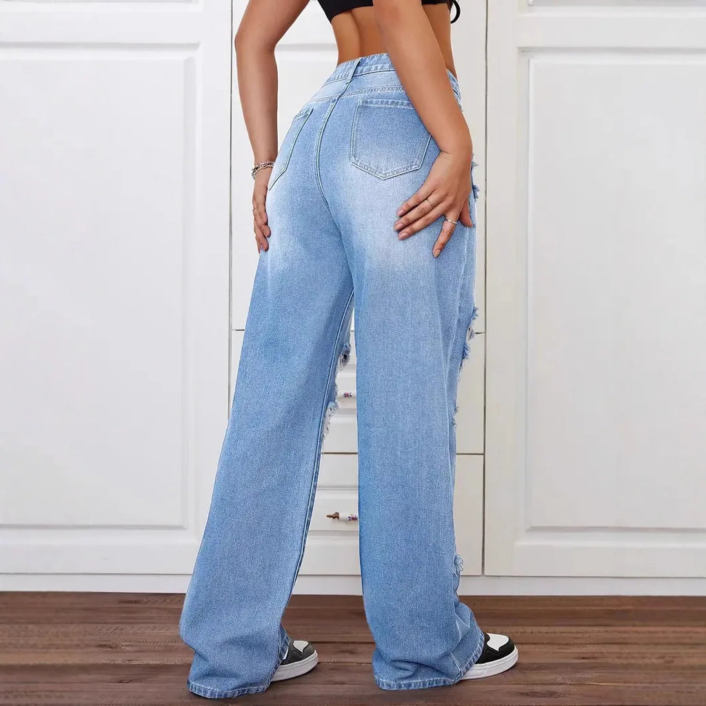 Distressed Washed High Waist Straight Leg Versatile Loose Fit Denim Pants for Women