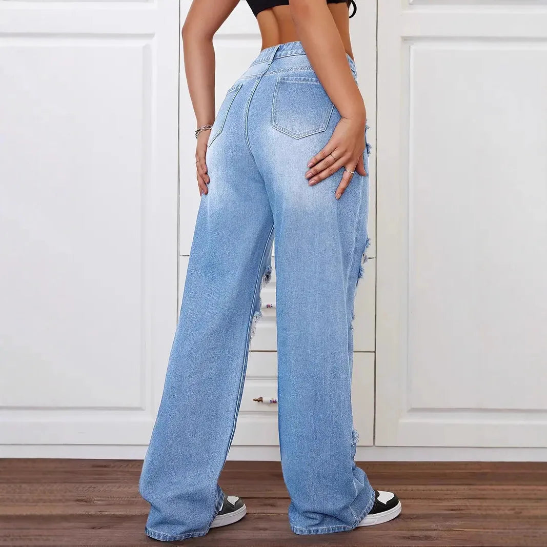 Distressed Washed High Waist Straight Leg Versatile Loose Fit Denim Pants for Women