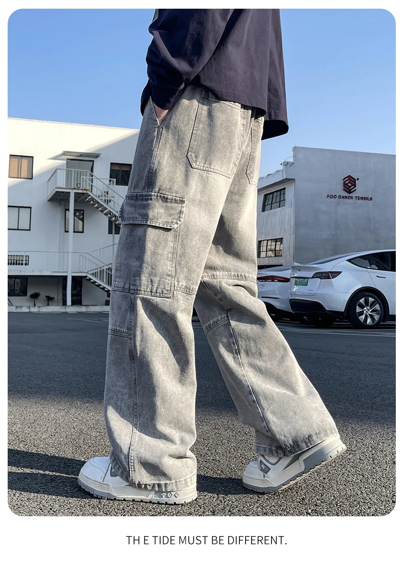2025 new men's cement grey work jeans Y2K street hip-hop large pocket wide-leg straight jeans trousers jogging black light blue