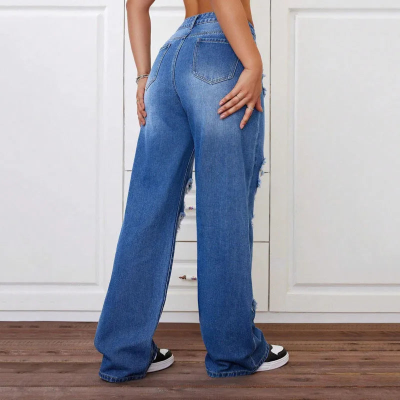 ANJY Spring Autumn New Women Washed Vintage Ripped Design High Street Jeans Trendy Fashion Straight Versatile Denim Pants A23084
