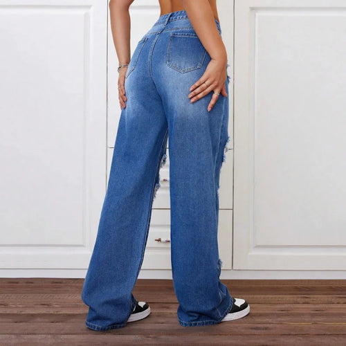 ANJY Spring Autumn New Women Washed Vintage Ripped Design High Street Jeans Trendy Fashion Straight Versatile Denim Pants A23084