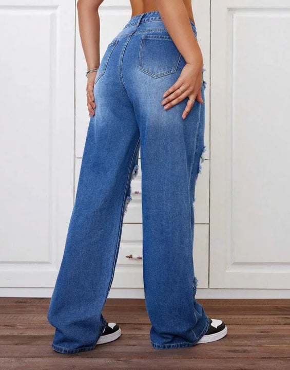 ANJY Spring Autumn New Women Washed Vintage Ripped Design High Street Jeans Trendy Fashion Straight Versatile Denim Pants A23084