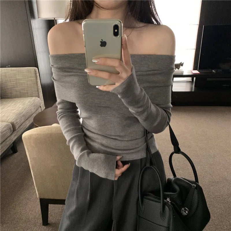 Solid Sexy Off Shoulder T-shirt Elegant Long Sleeve Tops Black Fashion Slim T Shirt Women Autumn Y2k Clothing Elastic Skinny Top