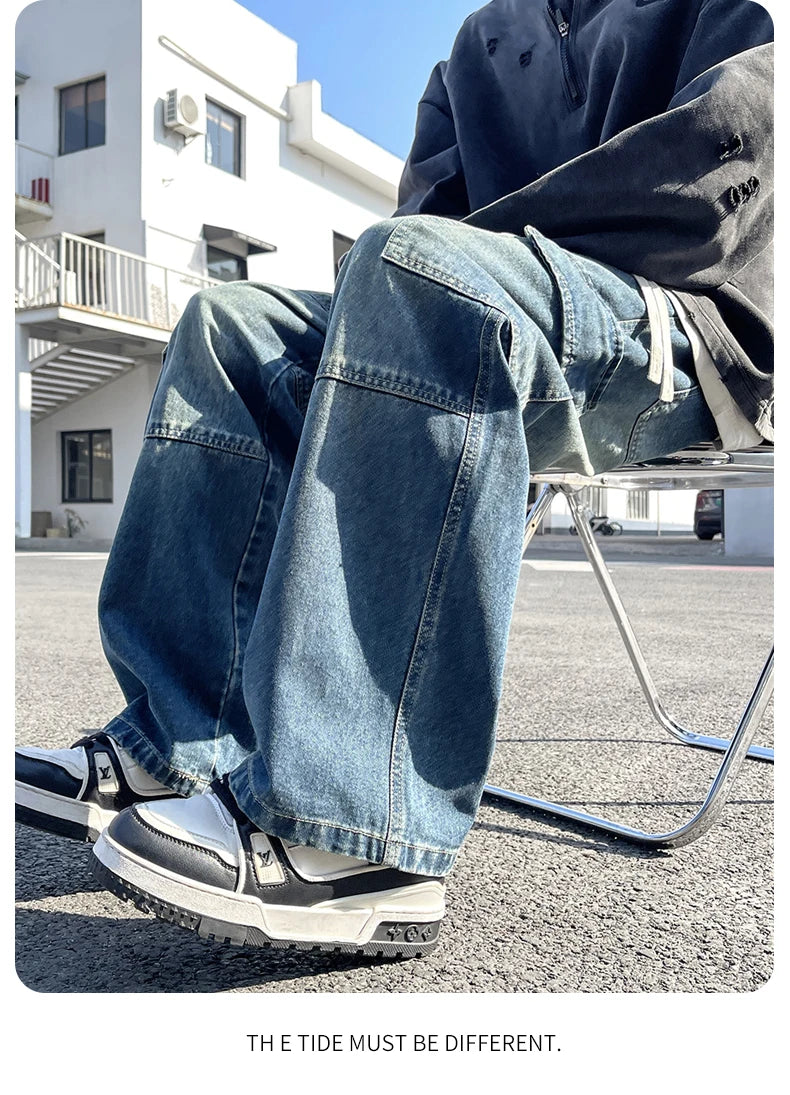 2025 new men's cement grey work jeans Y2K street hip-hop large pocket wide-leg straight jeans trousers jogging black light blue