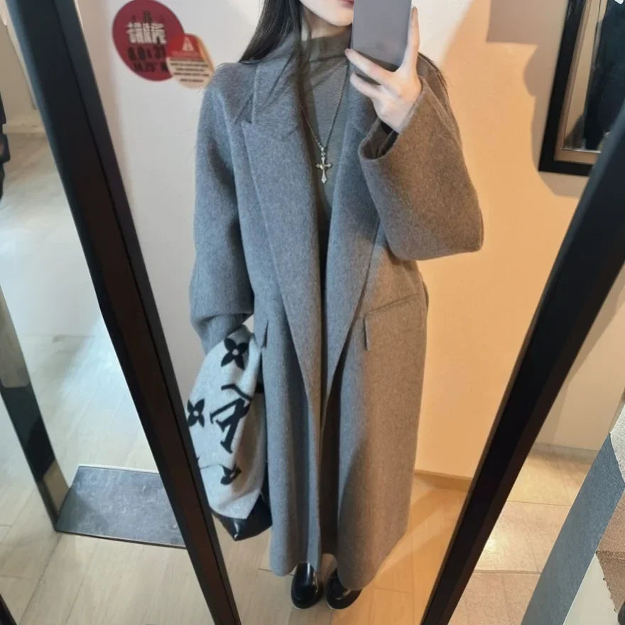 High-end Gray Women Thick Double-sided Wool Cashmere Coat New Loose Lapel Long Sleeve Woolen Coats Female Overcoat Winter