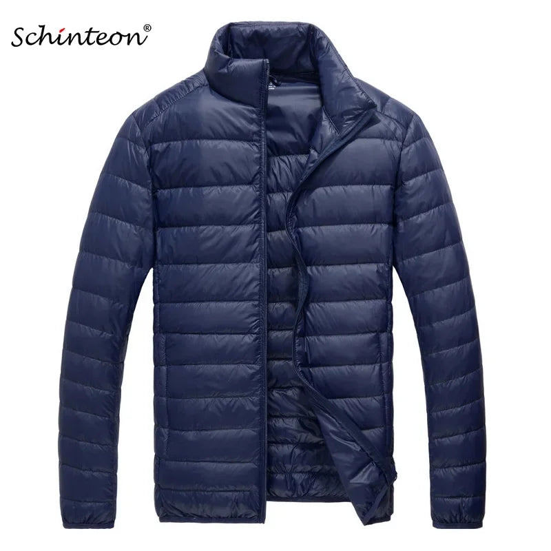 Schinteon Men Ultralight White Duck Down Jacket Thin Stand Collar Solid Color Simple Autumn Outwear