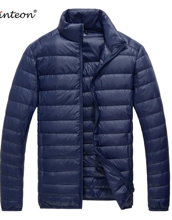 Schinteon Men Ultralight White Duck Down Jacket Thin Stand Collar Solid Color Simple Autumn Outwear