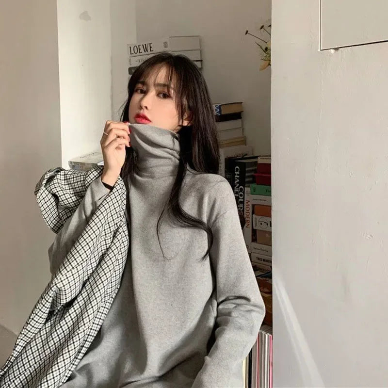 Smvp Fall Winter Turtleneck Long Dress Women Basic Solid Casual Loose Long Sleeve Dresses Female Streetwear Side Split Dress
