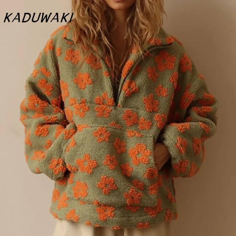 KADUWAKI Retro Christmas Women's Fashion Polar Fleece Flower Blossoms Sweaters Cotton Loose Warm Fur Stand Up Collar Zipper Tops