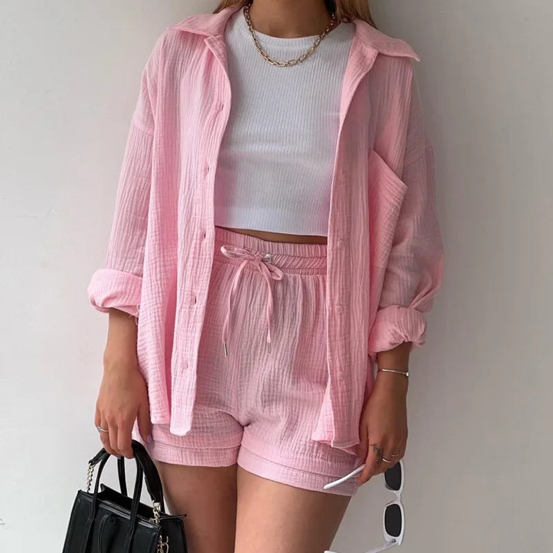 Women's Summer Shorts Set White Long Shirt High Waisted Pants Sets Casual Outfit Streetwear Suits For Women Female Clothing 2025