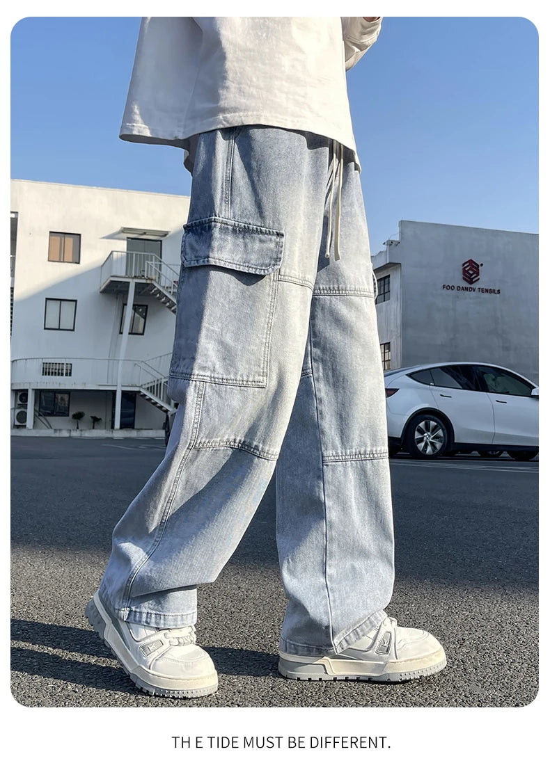 2025 new men's cement grey work jeans Y2K street hip-hop large pocket wide-leg straight jeans trousers jogging black light blue