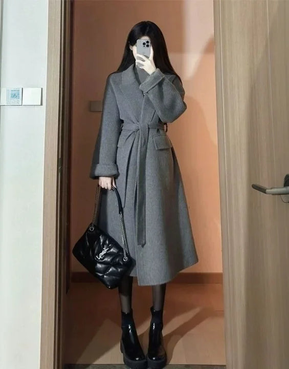 High-end Gray Women Thick Double-sided Wool Cashmere Coat New Loose Lapel Long Sleeve Woolen Coats Female Overcoat Winter