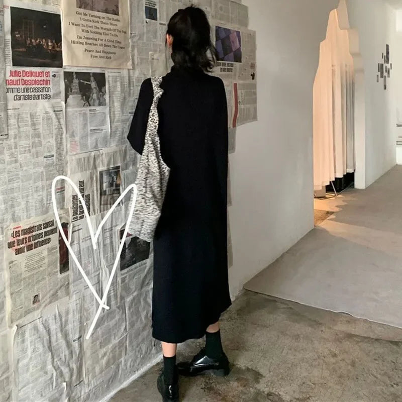 Smvp Fall Winter Turtleneck Long Dress Women Basic Solid Casual Loose Long Sleeve Dresses Female Streetwear Side Split Dress