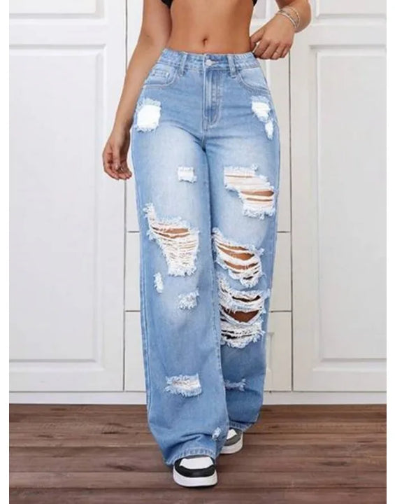 Womens Pants Womens Jeans Trendy Light Blue Distressed Baggy Relaxed Fit Wide Leg Denim