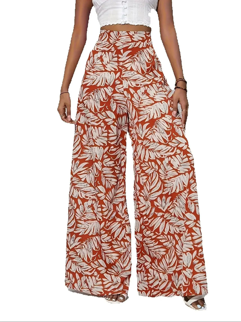Ladies' summer floral print wide leg pants, elegant high waisted loose casual pants, suitable for vacation style