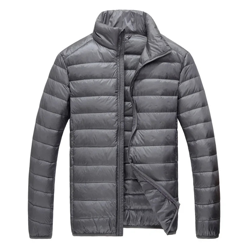Schinteon Men Ultralight White Duck Down Jacket Thin Stand Collar Solid Color Simple Autumn Outwear