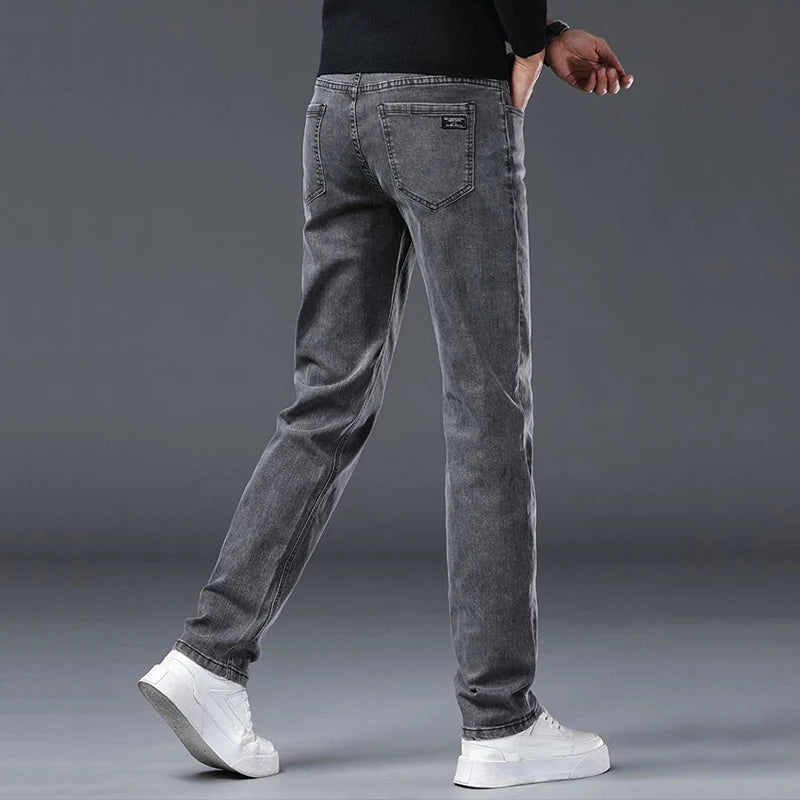 Spring New Men's Slim Fit Elastic Jeans Fashion Gray Comfortable Casual Denim Pants Korean Business Work Straight Black Trousers