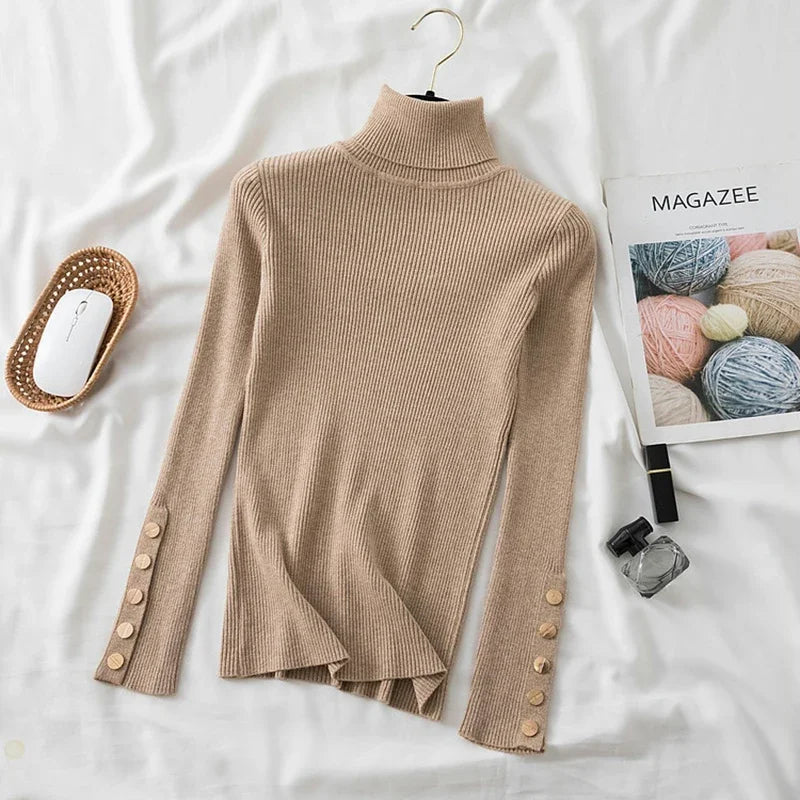 2026 Knitted Turtleneck Women Sweater Button Long Sleeve Pullovers Autumn Winter Basic Femme Sweaters Slim Solid Pull Tops