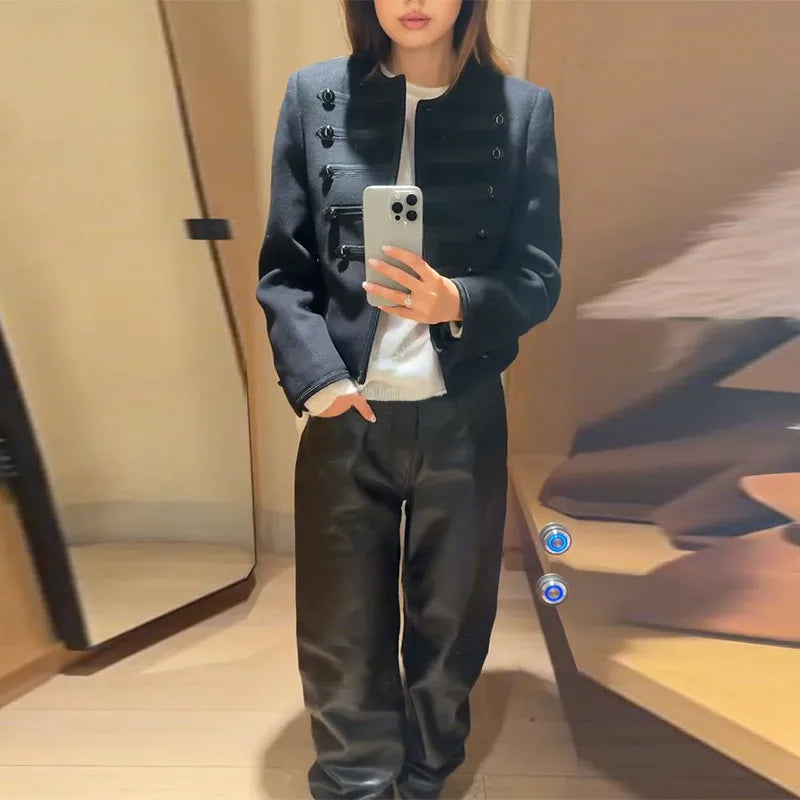 Casual Solid Women's Jacket O-Neck Full Sleeve Button Black Lady Cropped Jackets 2026 Spring Chic Female Street Outerwear