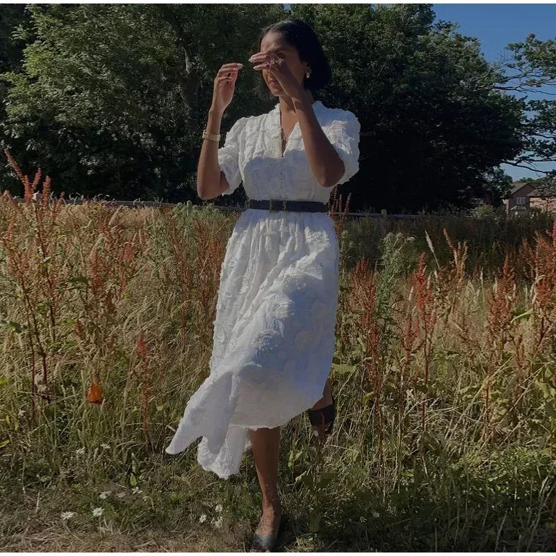 Elegant White Party Long Dress Women's Luxury V-neck Printed Single Breasted Split Evening Robe 2024 New Chic Street Dresses