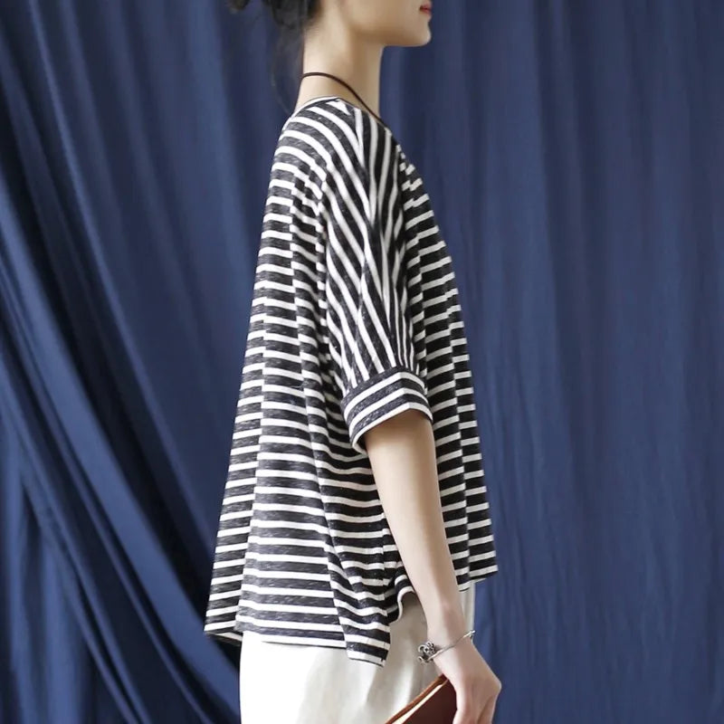 Johnature Women Casual Striped T-Shirts O-Neck Half Sleeve Tees 2025 Autumn New Cotton Soft Women Clothes Loose T-Shirts