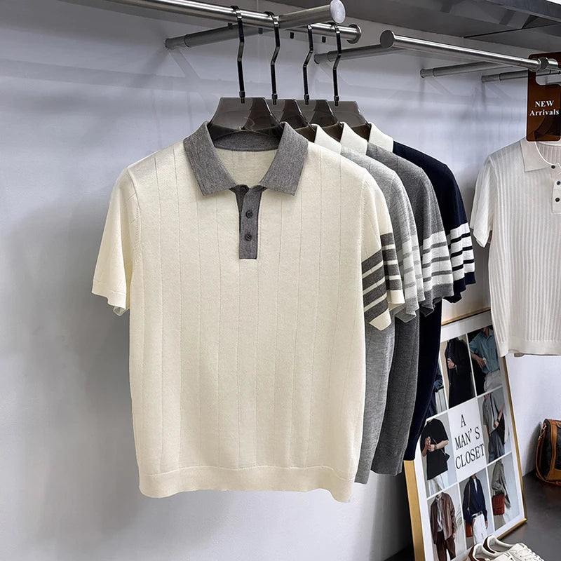 High Quality Man Summer Short-Sleeved Polo Shirt Lapel Button Stripe Color Blocking Old Money Style Snug Ventilate Men'sClothing