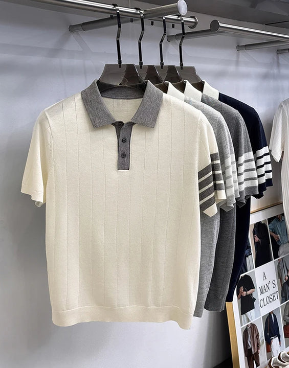 High Quality Man Summer Short-Sleeved Polo Shirt Lapel Button Stripe Color Blocking Old Money Style Snug Ventilate Men'sClothing