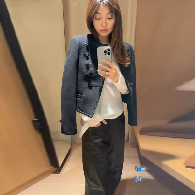Casual Solid Women's Jacket O-Neck Full Sleeve Button Black Lady Cropped Jackets 2026 Spring Chic Female Street Outerwear