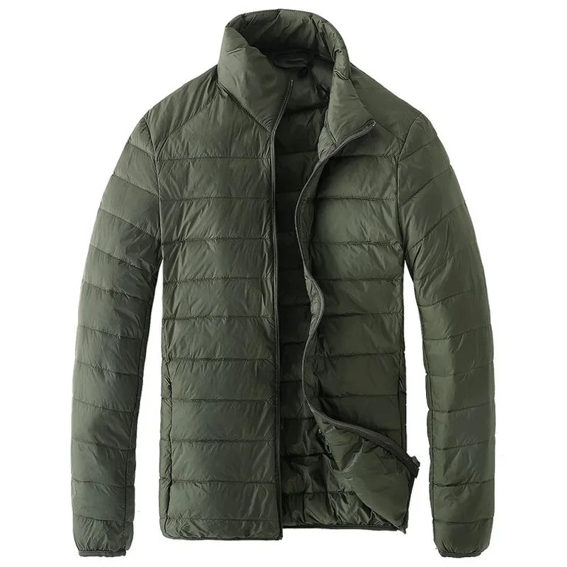 Schinteon Men Ultralight White Duck Down Jacket Thin Stand Collar Solid Color Simple Autumn Outwear