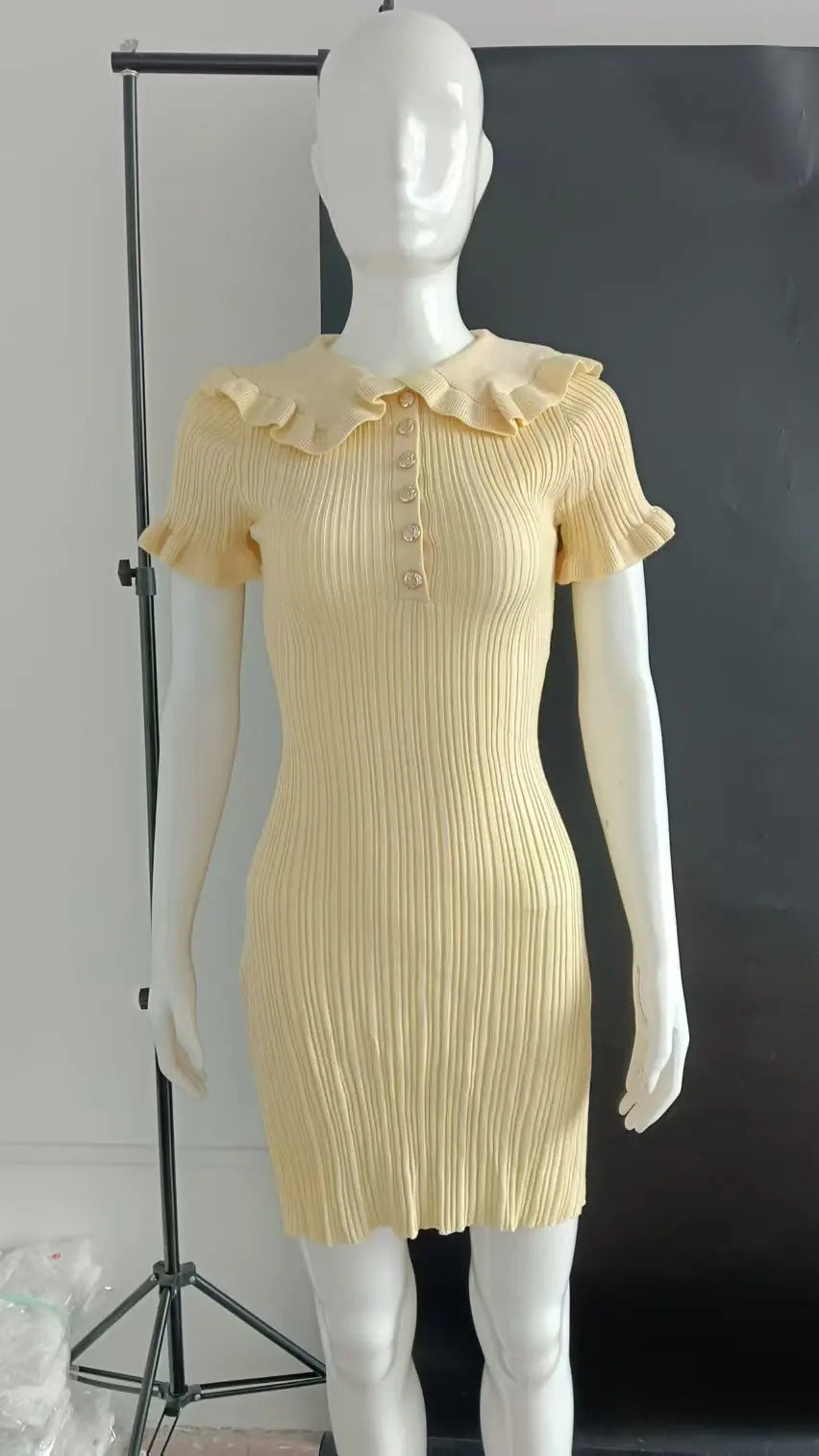 Elegant Knitted Ruffles Short Dress With Sleeves Vintage Casual Curvy High Waist Mini Dresses Yellow 2025 Summer New White Pink