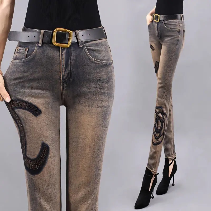 High waist Slim Jeans for Woman Streetwear Aesthetic Print Jean Pants Vintage Washed Denim Trouser