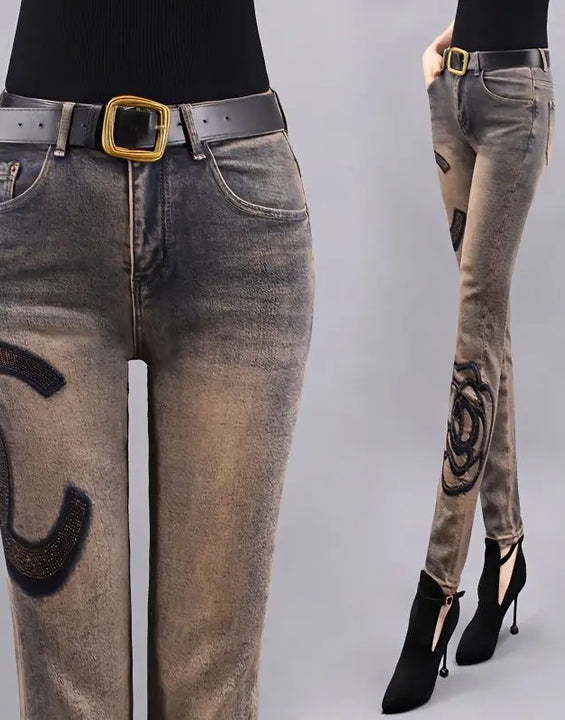 High waist Slim Jeans for Woman Streetwear Aesthetic Print Jean Pants Vintage Washed Denim Trouser
